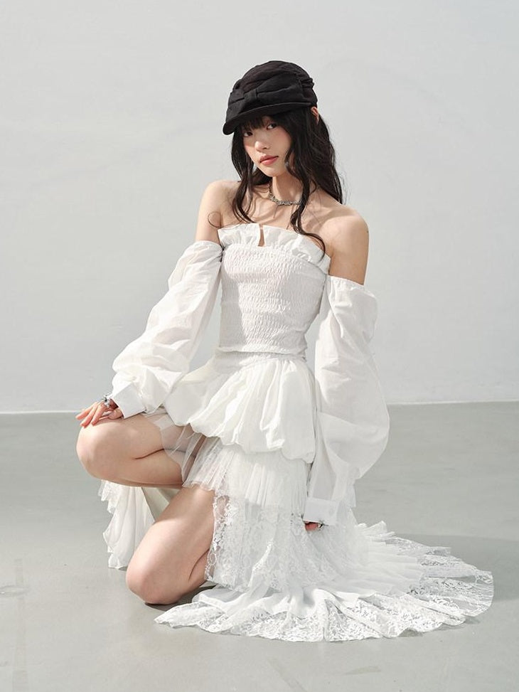 DDGIRL studio Lined Lace Asymmetrical High Waist Front Slit Tiered White Women Midi Skirts