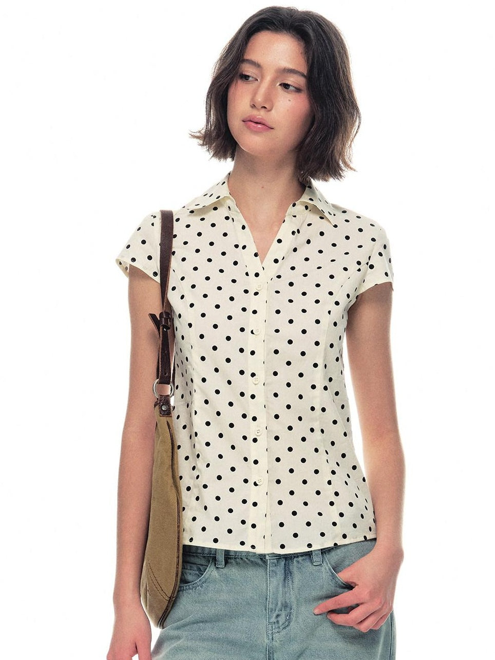 Country Moment Breathable Cotton Slim V-neck Polka Dot Button Cardigan Women Beige Shirts