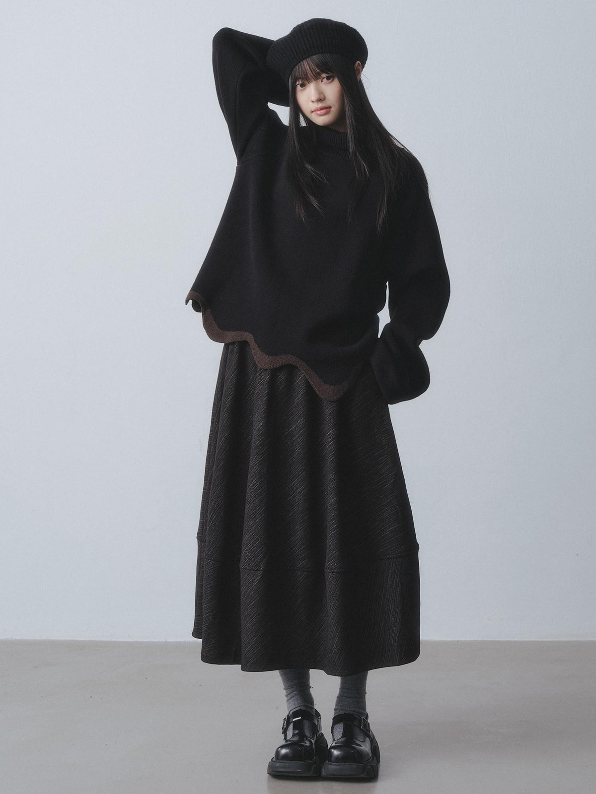 DDGIRL studio Warm Chunky Wave Pullover Oversized Commuter Mock Neck Women Black Sweaters