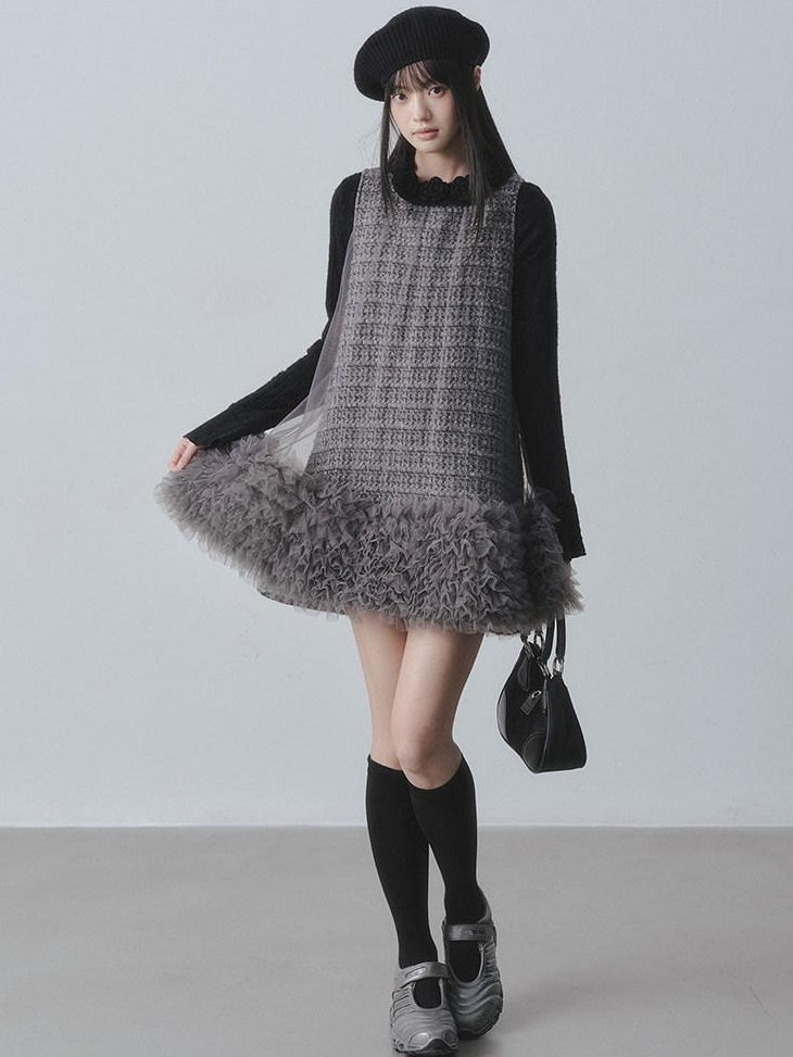 DDGIRL studio Warm Wool Blend High Waist Double Layer Hem A Line Loose Office Mini Dresses