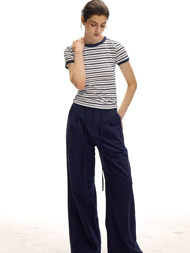 Country Moment Cotton Linen Minimal Belted Natural Waist Navy Office Wide Leg Pants