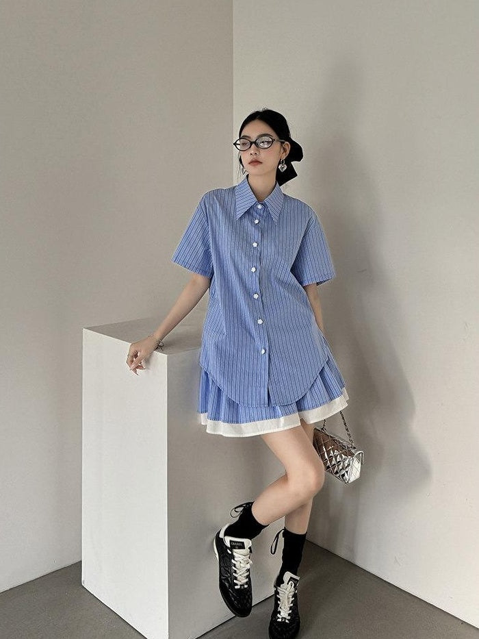 DDGIRL studio Breathable Relaxed Polo Short Sleeve Women Striped Blue Top & Skirt Sets
