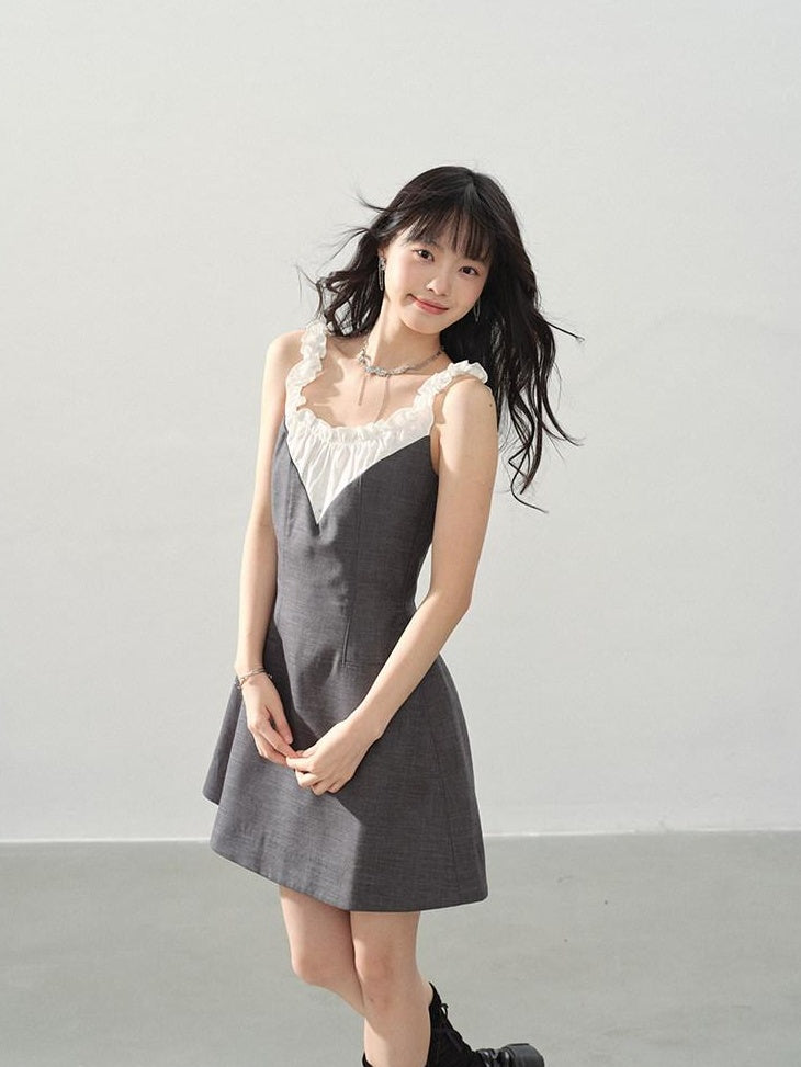 DDGIRL studio Shape Retaining Ruffle Neck High Waist Strappy A Line Office Gray Mini Dresses