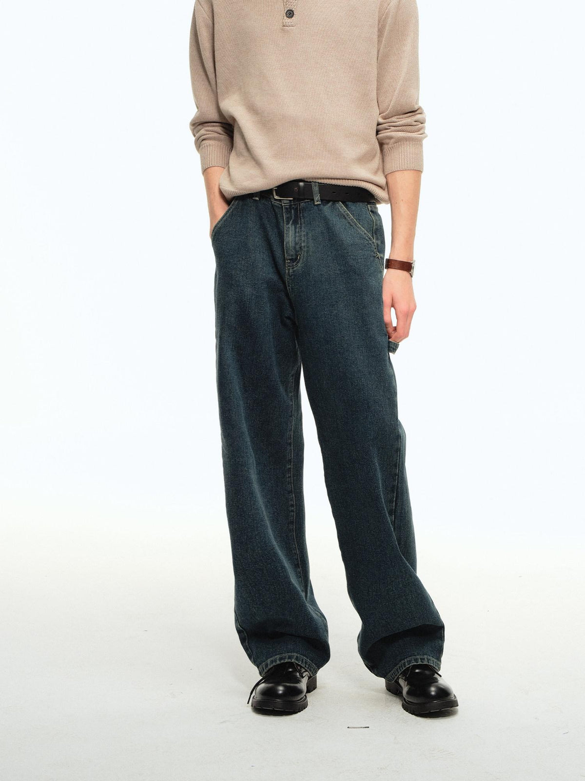 Country Moment Durable 100 Percent Cotton Vintage Blue Midrise Loose American Wide Leg Jeans