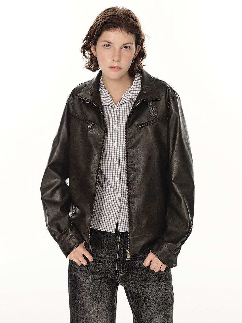 Country Moment Warm Pu Leather Detachable Hood Loose Fit Casual Unisex Leather Jackets
