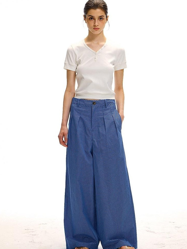 Country Moment 100 Percent Cotton Vintage Natural Waist Pockets Gem Blue Plaid Wide Leg Pants