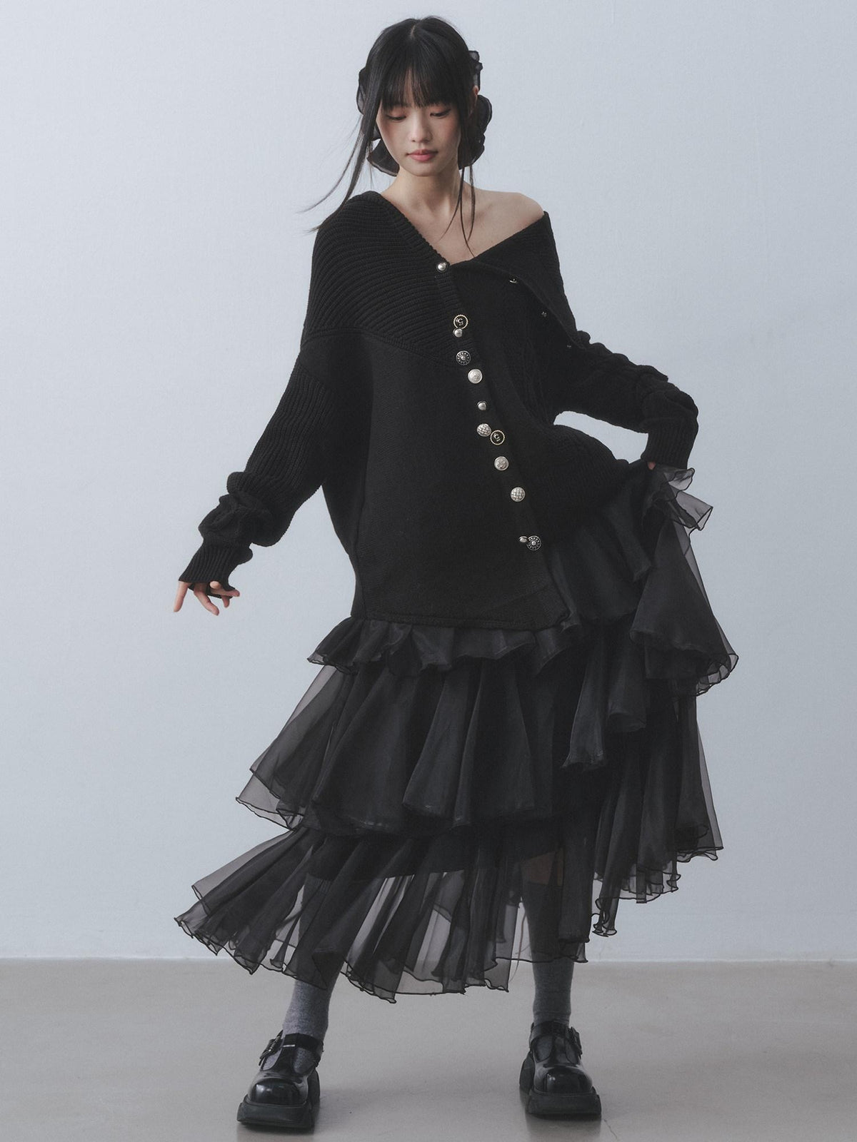DDGIRL studio Soft Relaxed Ribbed Button Mid Length Women Campus Cotton Blend Black Cardigans