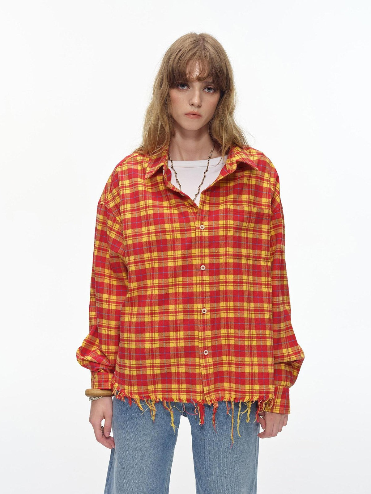 Country Moment Breathable Cotton Loose Plaid Fringe Unisex Longsleeve Button Collar Shirts