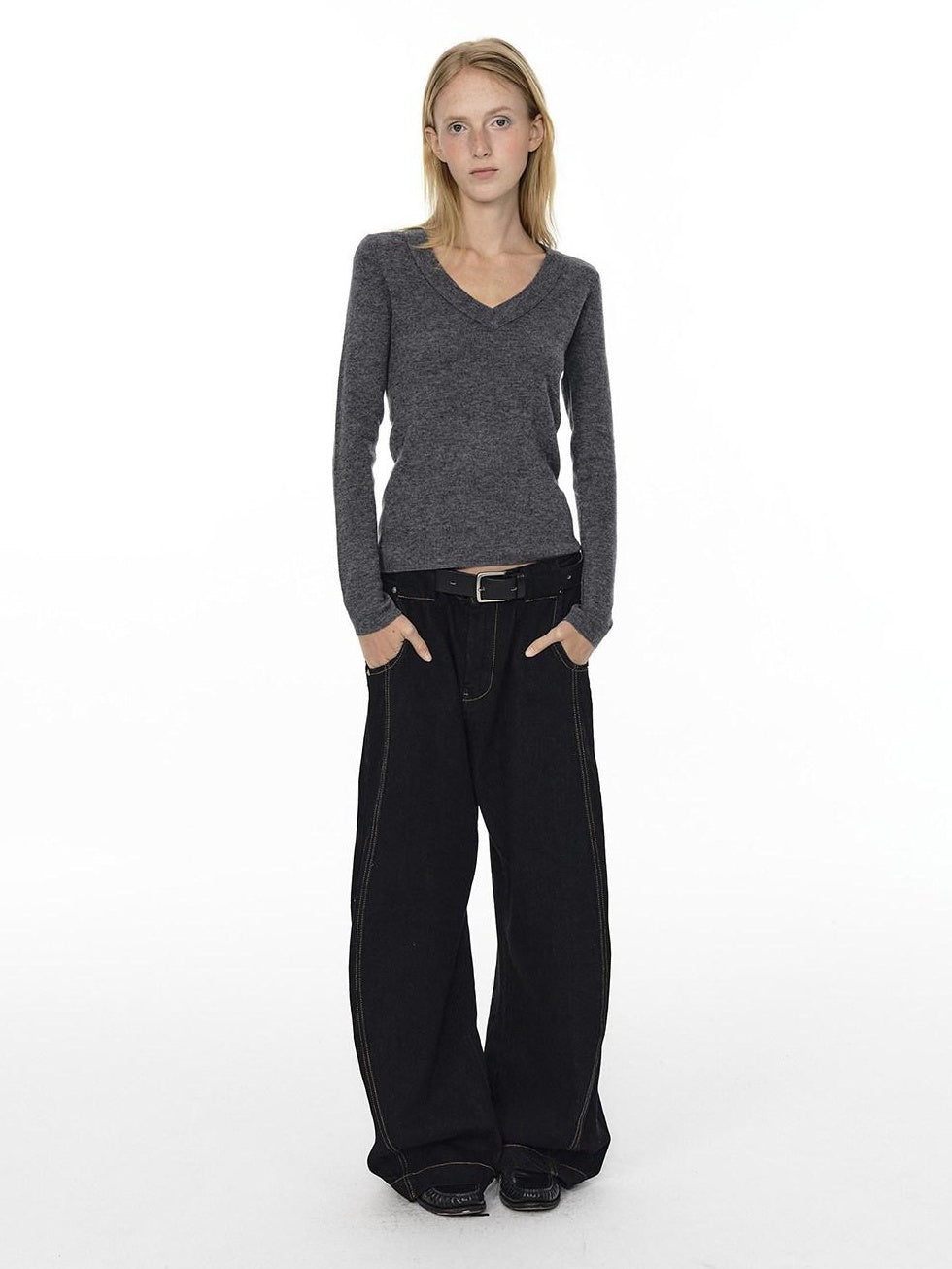 Country Moment Mid Rise Contrast Stitching Loose Fit Unisex Cotton Blend Black Wide Leg Jeans