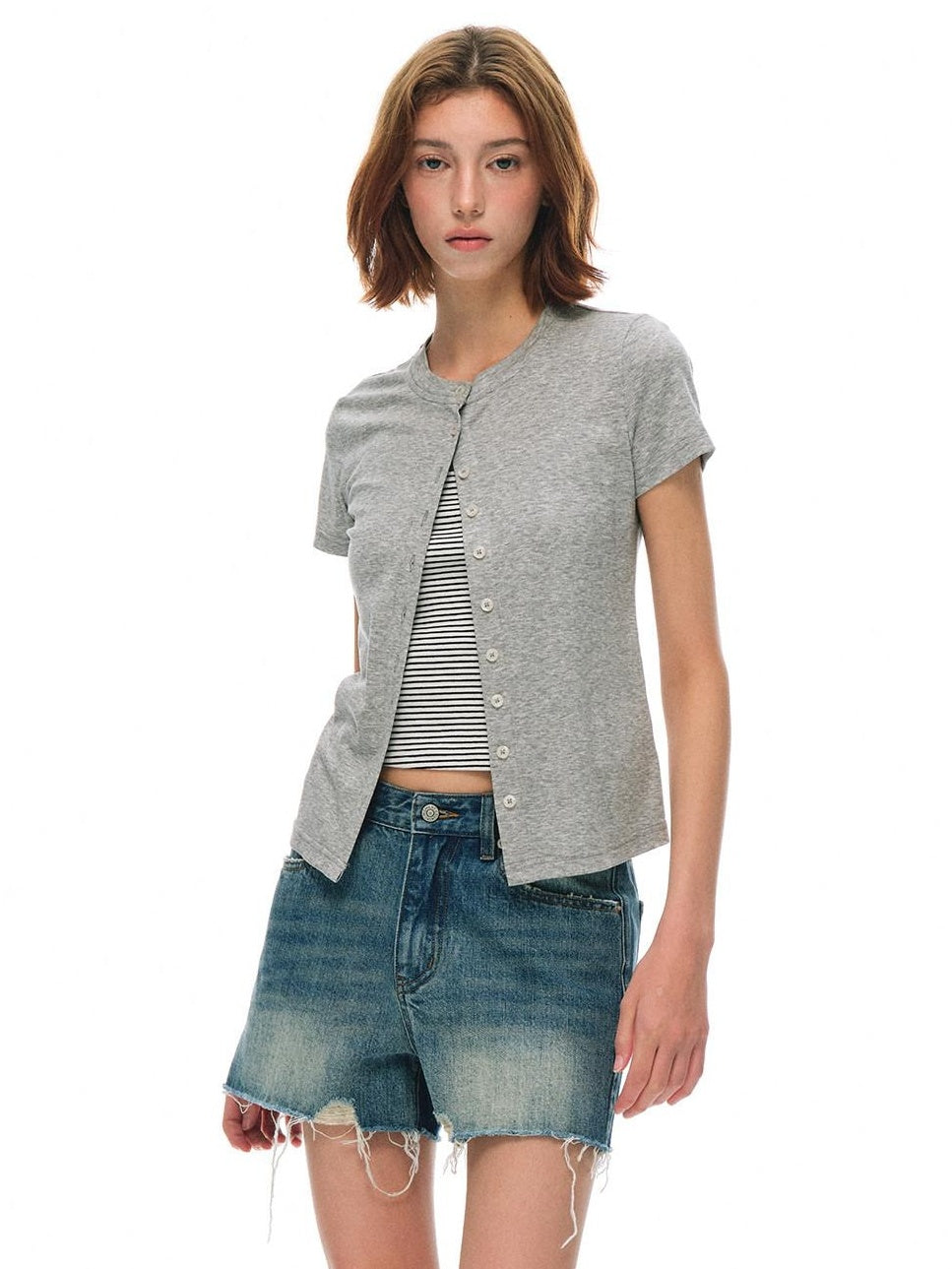 Country Moment Cooling Lyocell Knit Round Neck Women Gray Pullover Short Sleeve T-Shirts