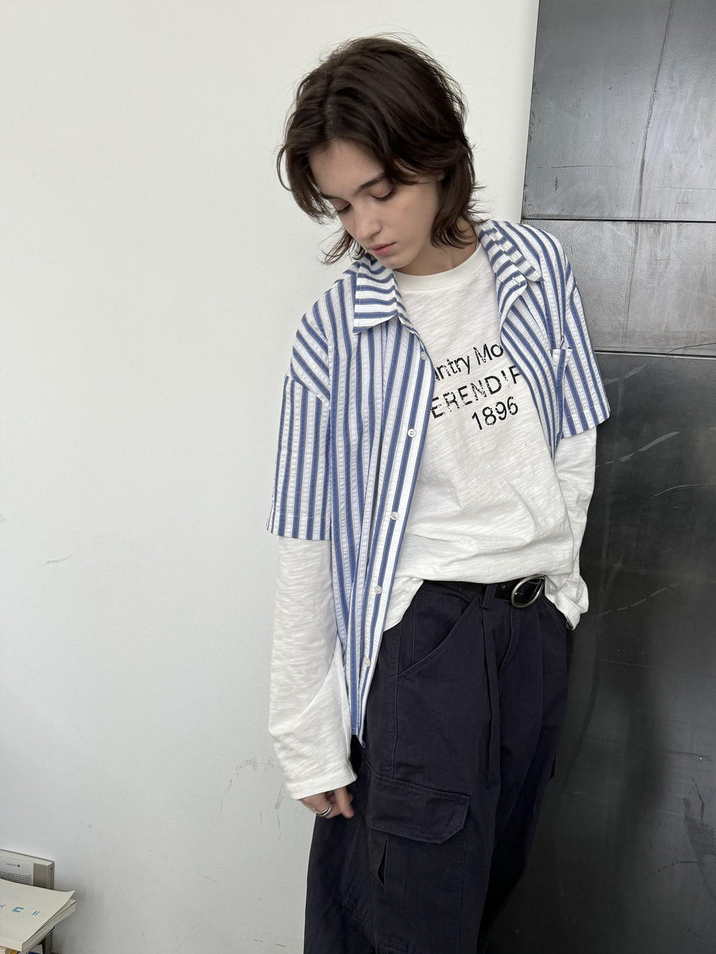 Country Moment Cotton Blend Blue White Striped Square Neck Relaxed Fit Teen Short Sleeve Shirts