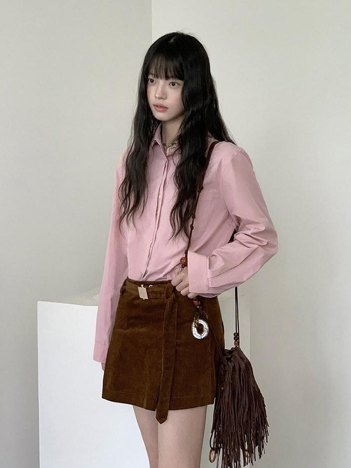 DDGIRL studio Breathable 100% Cotton Loose Fit Polo Collar Button Long Sleeve Pink Shirts