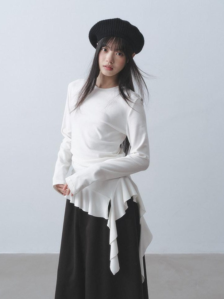 DDGIRL studio Soft Stretch Ruffle Asymmetric Slim Waist Women White Long Sleeve T-Shirts