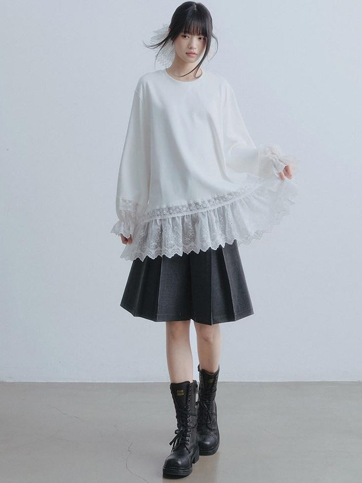 DDGIRL studio Layered Lace Oversized Puff Sleeve Womens Cotton White Long Sleeve T-Shirts