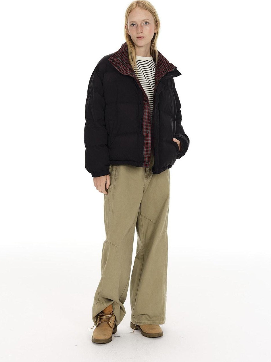 Country Moment High Fill White Duck Reversible Plaid Loose Fit Unisex Cotton Zip Down Jackets