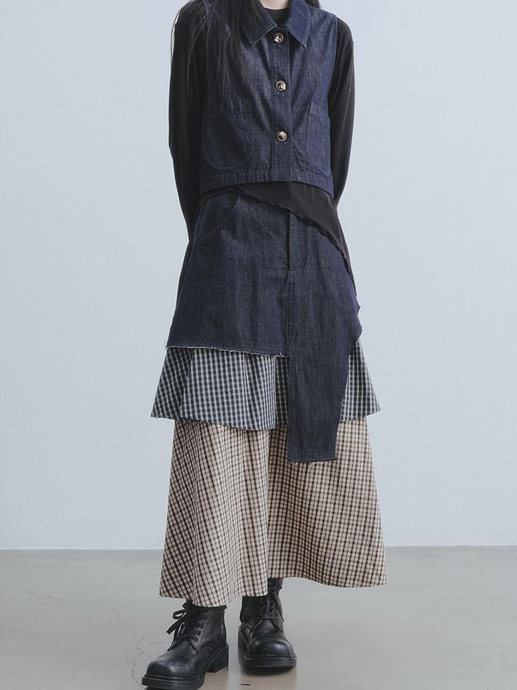 DDGIRL studio Asymmetric Plaid Leather Lapel Vest High Waist Skirt Women Top & Skirt Sets