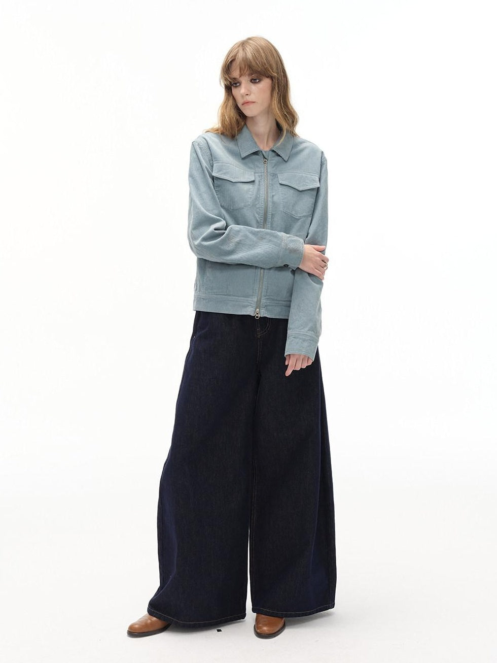 Country Moment Cotton Lined Warm Short Zip Lapel Unisex Commuter Blue Brown Cropped Jackets