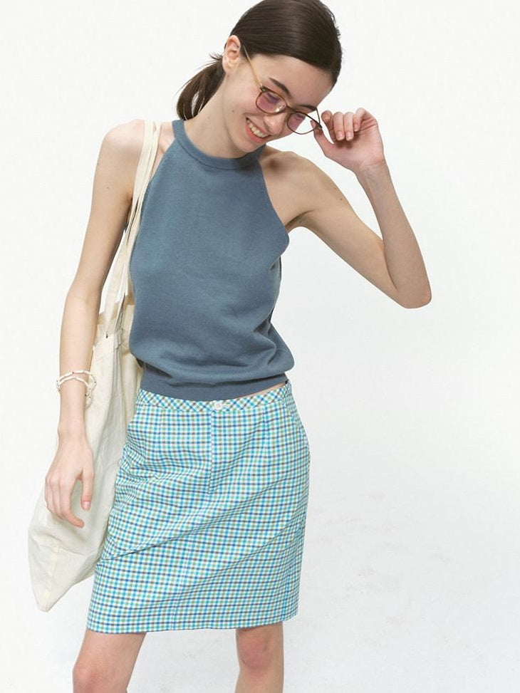 Country Moment Original Design Halter Slim Fit Lake Blue Wool Blend Solid Knit Camisoles