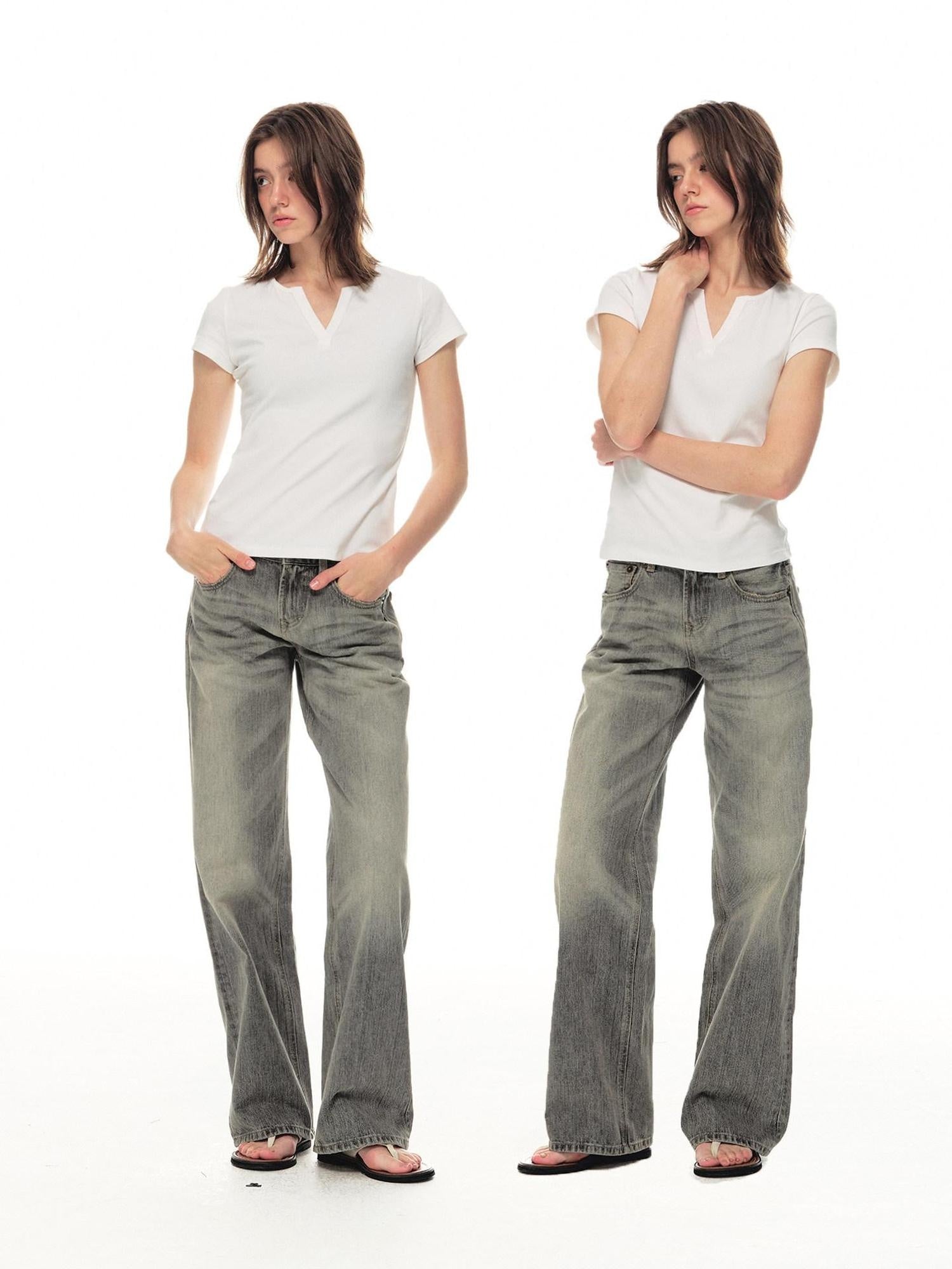 Country Moment 100 Percent Cotton Breathable Mid Rise Distressed Gray Women Straight Leg Jeans