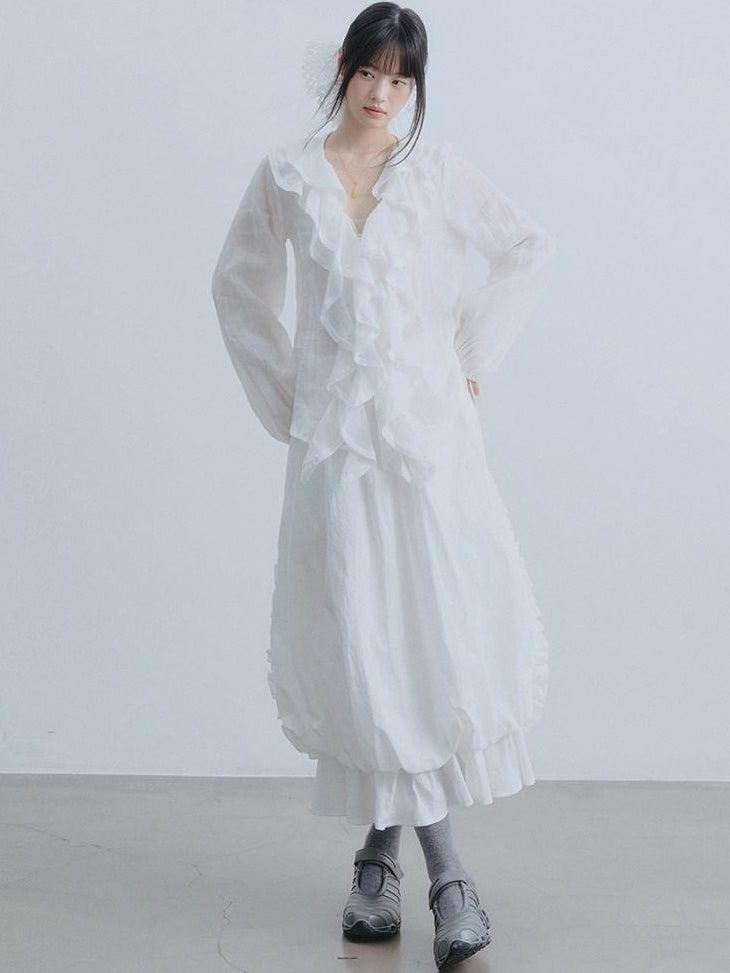 DDGIRL studio Durable Cotton High Waist Ruffle Lantern Lined White Midi Skirts