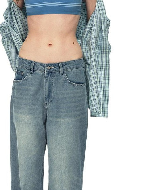 Country Moment Soft Breathable Mid Rise Stone Wash Loose Casual Unisex Denim Blue Wide Leg Jeans