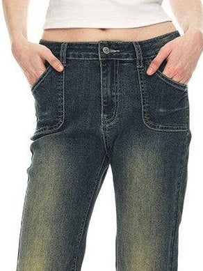 Country Moment Vintage Distressed Low Rise Retro Flare Women Daily Denim Blue Flared Jeans