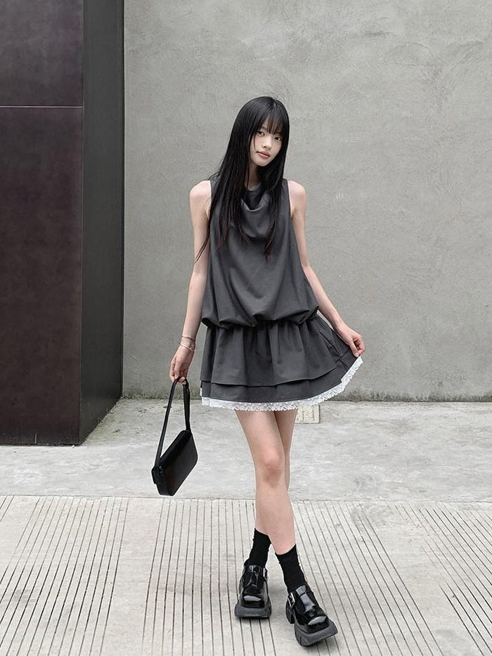DDGIRL studio Lace Panel High Waist A Line Sleeveless Commuter Young Women Mini Dresses