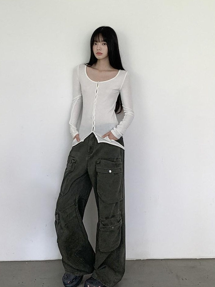 DDGIRL studio Reversible Wool Blend Airy Fitted Commuter Cardigan Women Long Sleeve T-Shirts