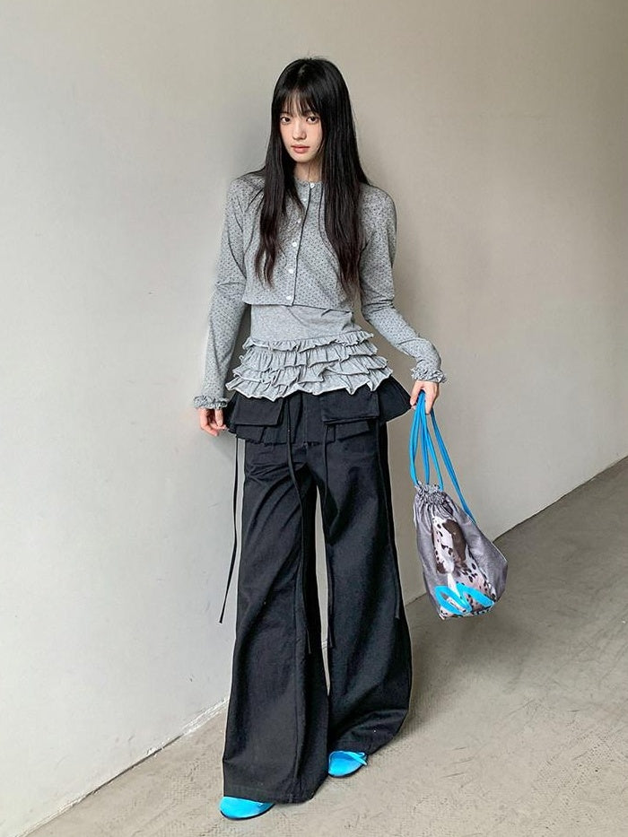DDGIRL studio High Waist Zip Fly Pockets Relaxed Straight Leg Black Cotton Nylon Cargo Pants