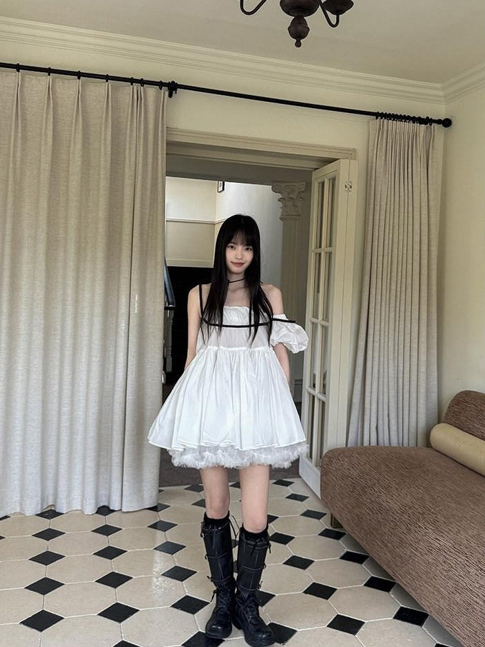 DDGIRL studio Soft Nylon One Shoulder A Line Loose Waist Women White Mini Dresses