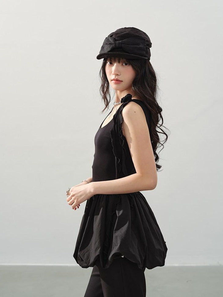 DDGIRL studio Soft Cotton Ruffle Aline Slim Cute Date Sleeveless U Neck Black Mini Dresses