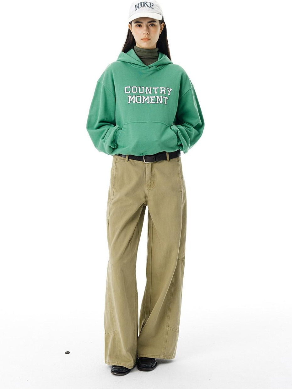 Country Moment Cropped Heavyweight Cotton Printed Loose Fit Unisex Green Streetwear Hoodie
