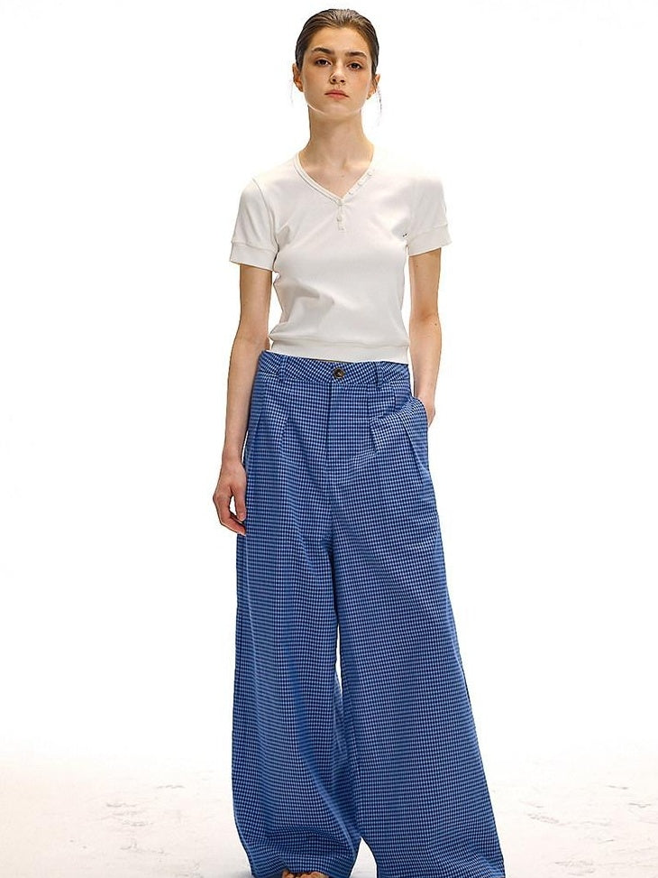 Country Moment 100 Percent Cotton Vintage Natural Waist Pockets Gem Blue Plaid Wide Leg Pants