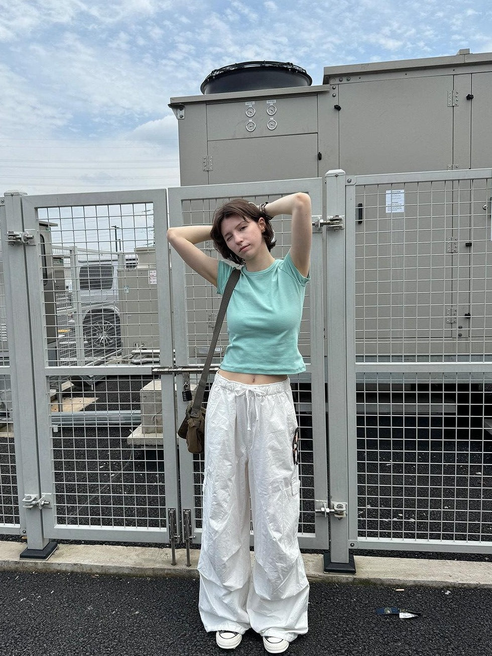 Country Moment Cotton Slim Fit Street Crew Neck Short Sleeve Solid White Teal Basic Crop Tops