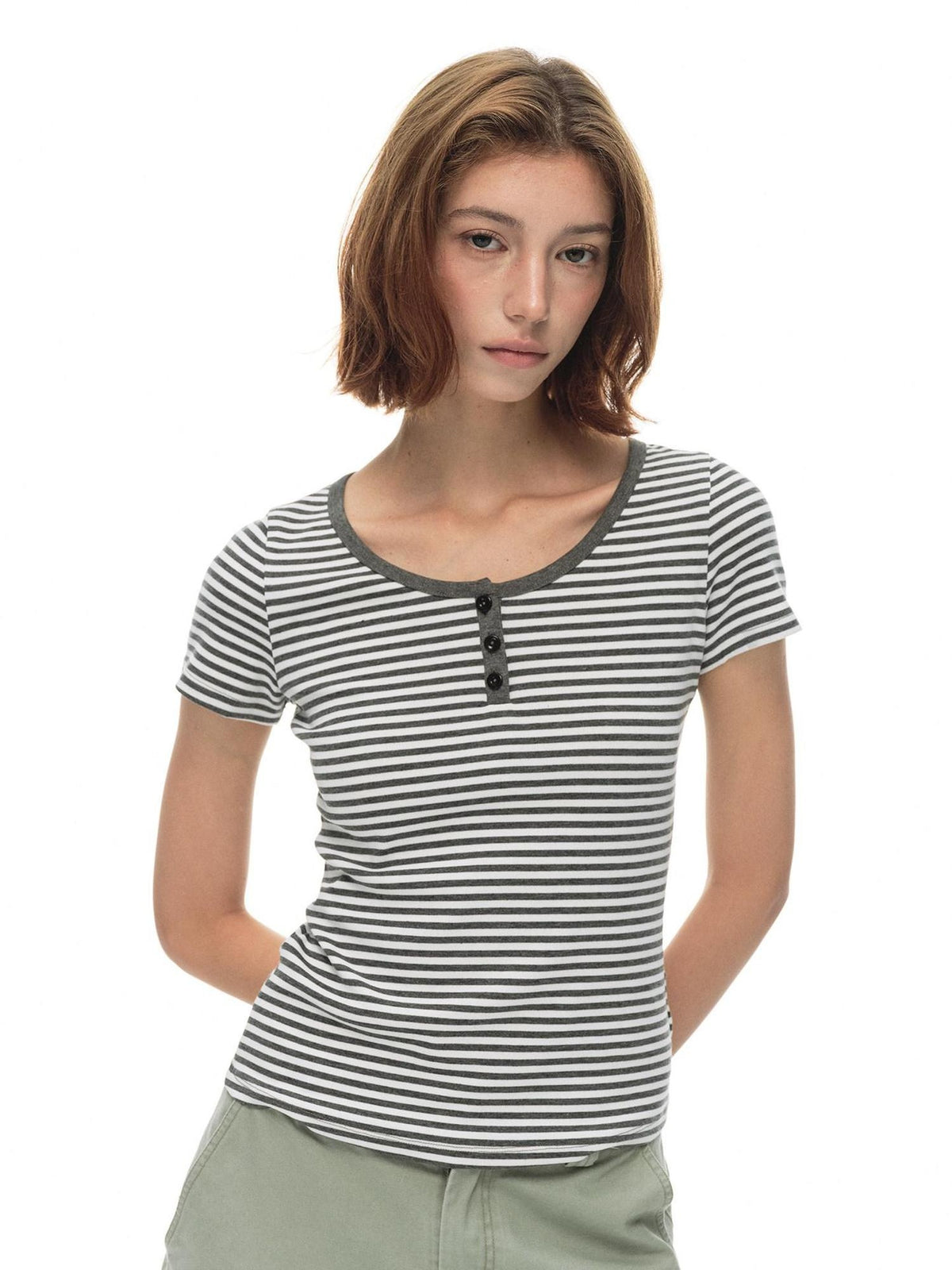 Country Moment Breathable Striped Henley Regular Women Polyester Stretch Short Sleeve T-Shirts