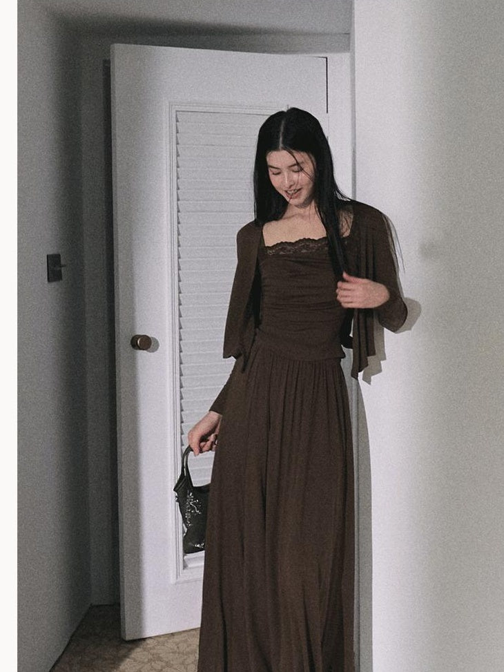 7 OAKMOO Tencel 3 Piece Casual Long Sleeve Women Amber Brown Top & Skirt Sets