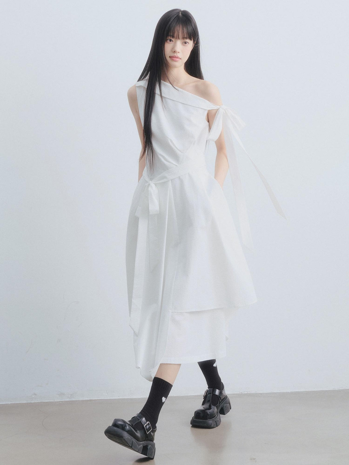 DDGIRL studio High Waist Asymmetric One Shoulder Workwear A Line Side Zipper Midi Dresses