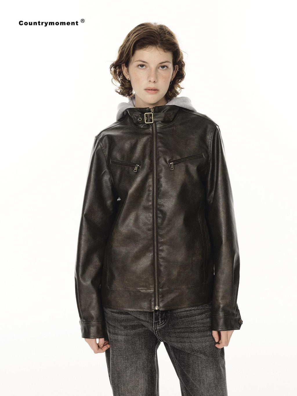 Country Moment Warm Pu Leather Detachable Hood Loose Fit Casual Unisex Leather Jackets