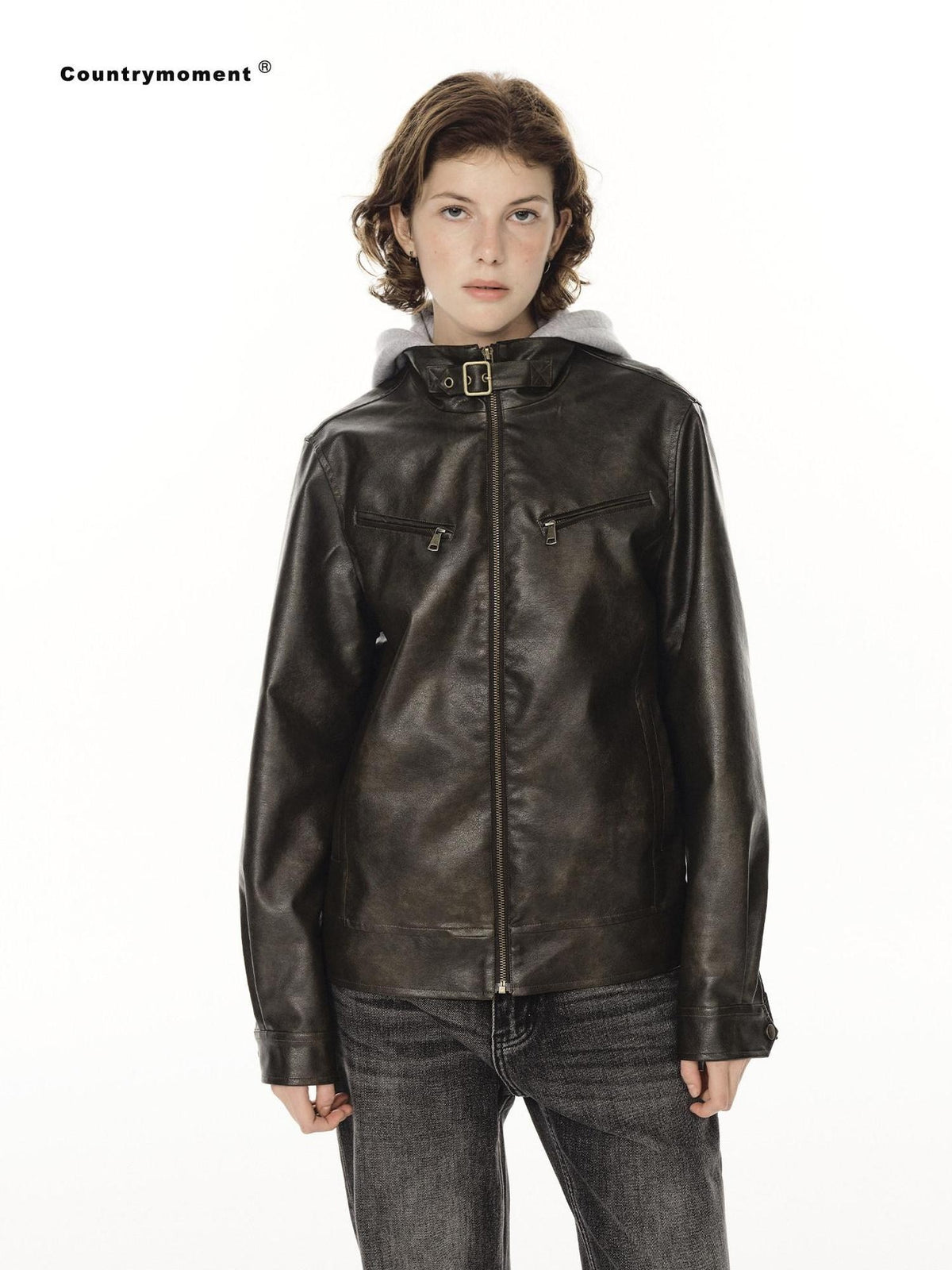 Country Moment Warm Pu Leather Detachable Hood Loose Fit Casual Unisex Leather Jackets