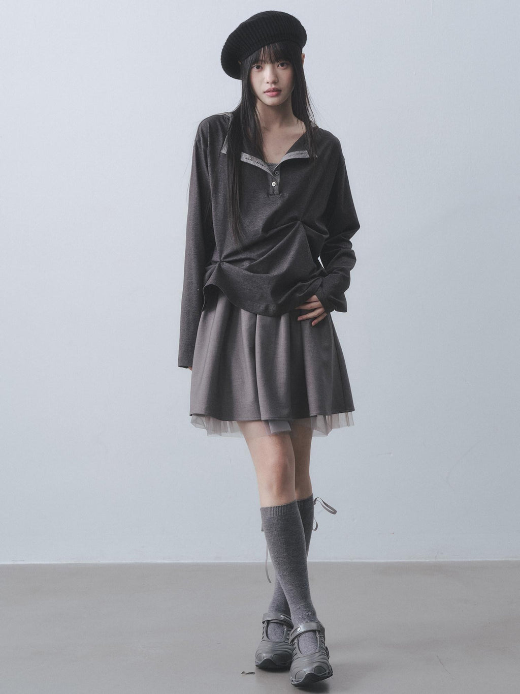 DDGIRL studio Moisture Wicking Long Sleeve Tee Commuter Solid Dark Gray Top & Skirt Sets
