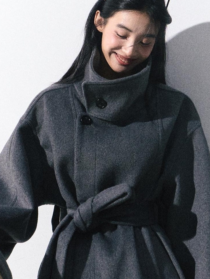 7 OAKMOO Warm Thick Stand Collar Mid Length Loose Fit Commuter Womens Wool Coats