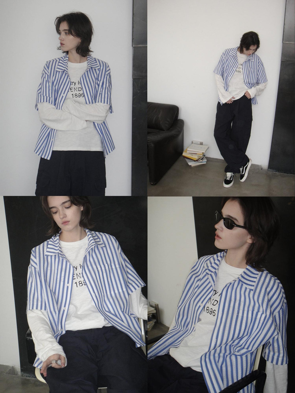 Country Moment Cotton Blend Blue White Striped Square Neck Relaxed Fit Teen Short Sleeve Shirts