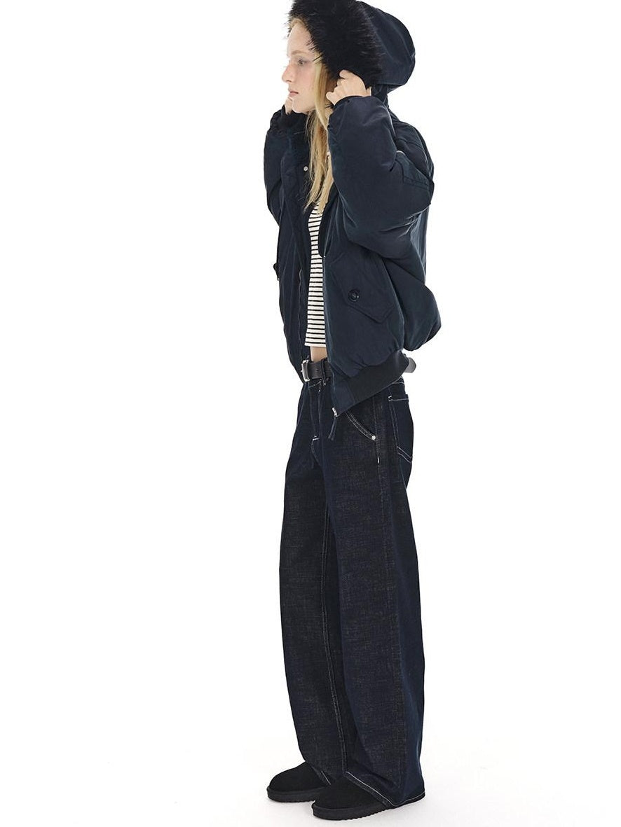Country Moment Warm Hooded Retro Short Zip Ribbed Hem Unisex Navy Puffer Jackets