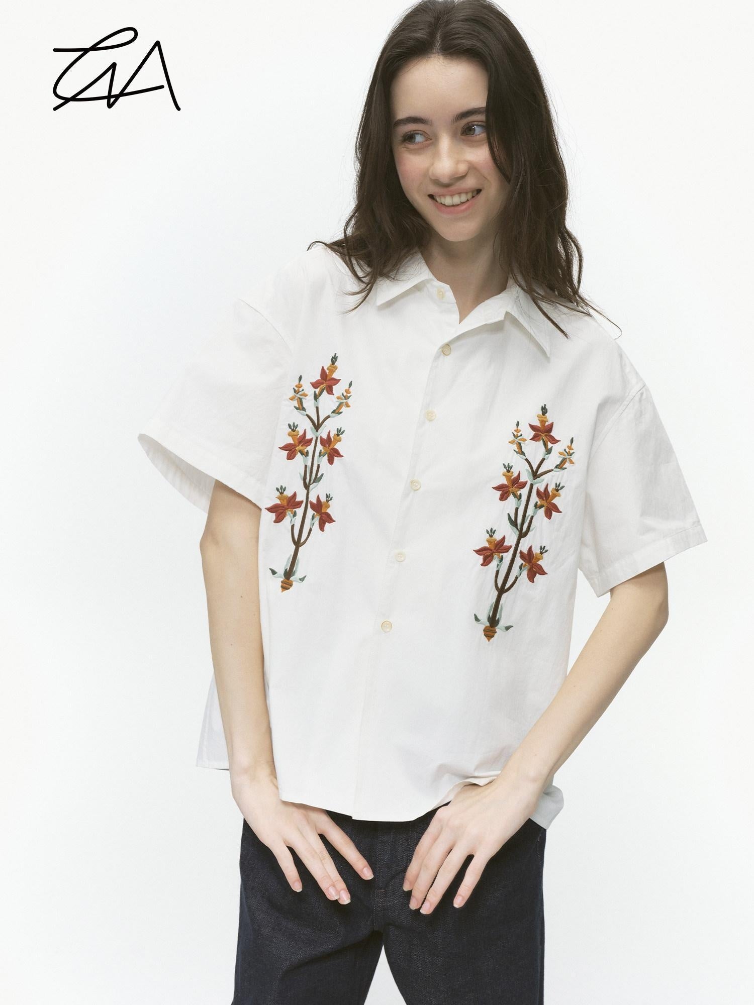 Country Moment 100 Percent Cotton Embroidered Loose Fit Floral Short Sleeve Unisex Shirts