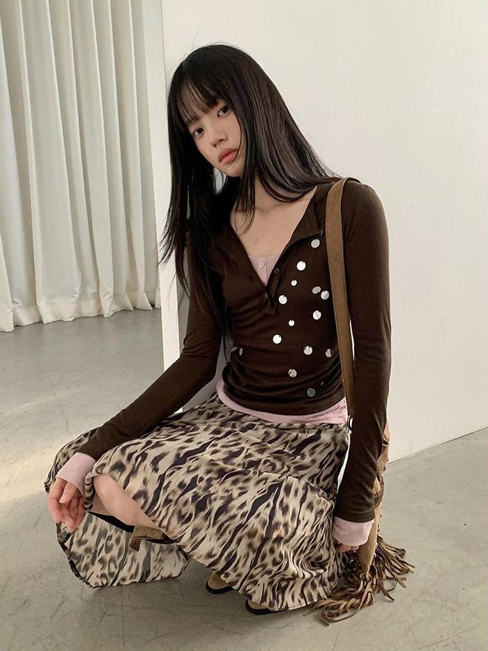 DDGIRL studio Durable American Asymmetric A Line Women High Waist Leopard Print Midi Skirts