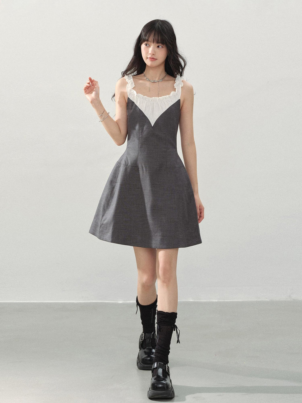 DDGIRL studio Shape Retaining Ruffle Neck High Waist Strappy A Line Office Gray Mini Dresses