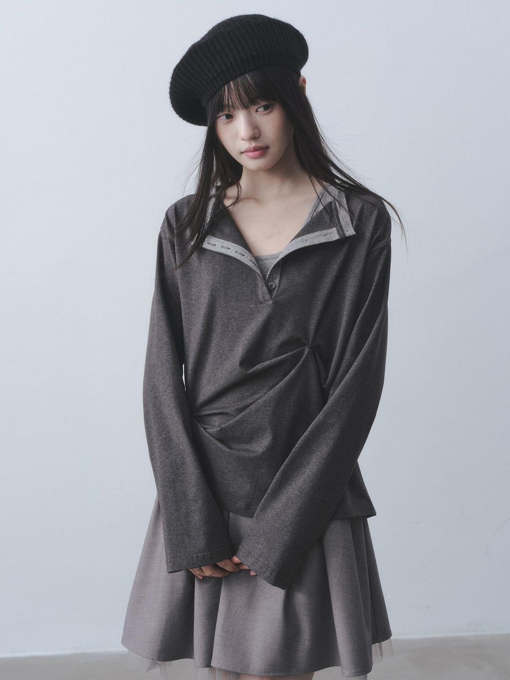DDGIRL studio Moisture Wicking Long Sleeve Tee Commuter Solid Dark Gray Top & Skirt Sets