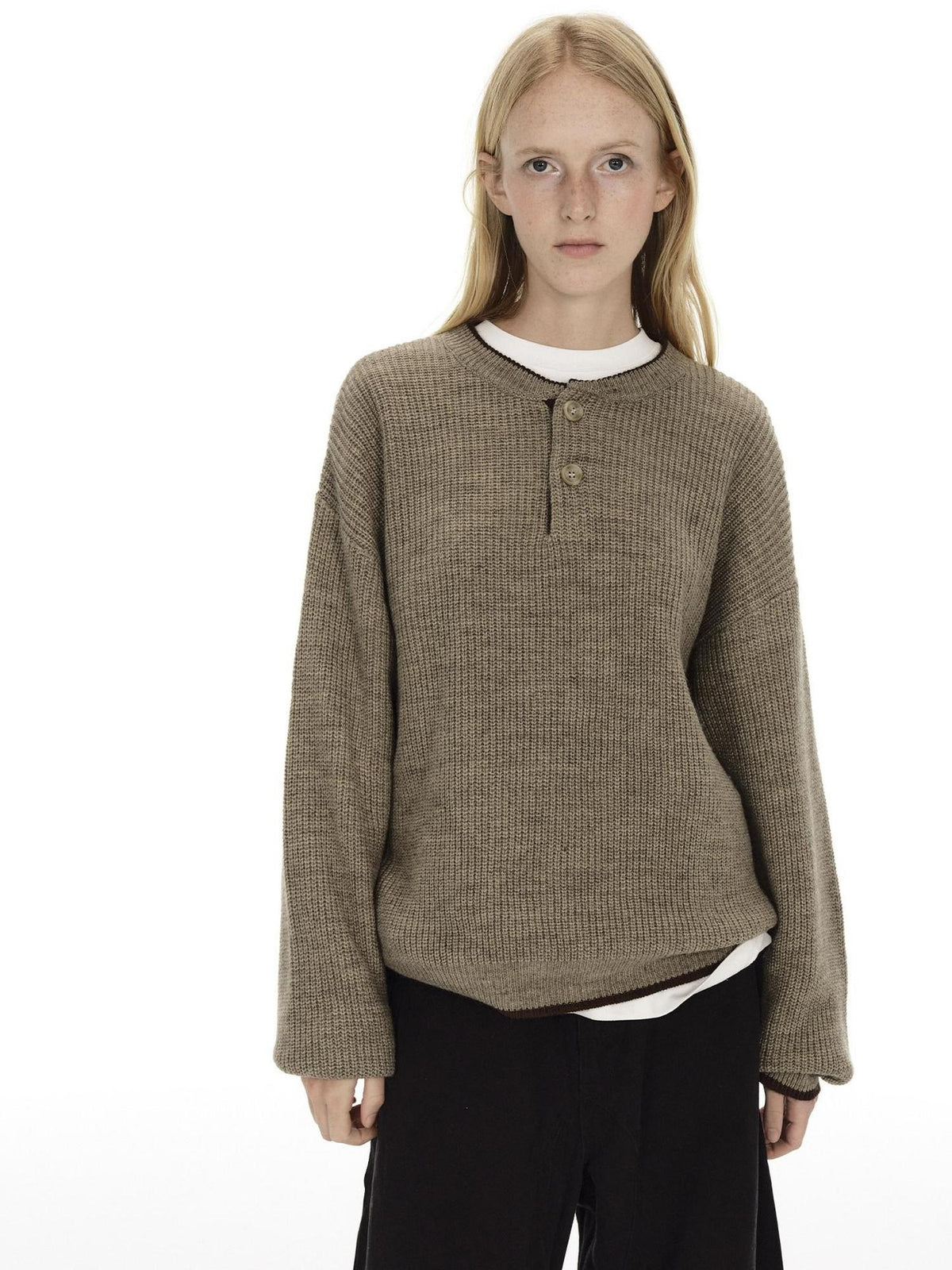 Country Moment Soft Thermal American Loose Fit Contrast Unisex Kids Knit Khaki Sweaters