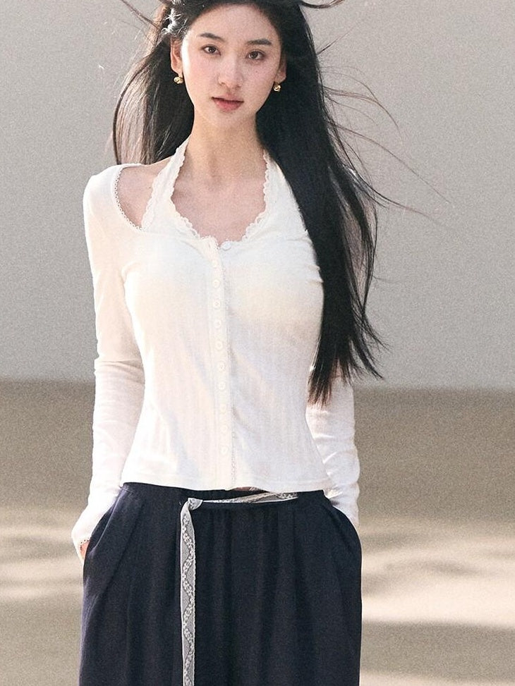7 OAKMOO Lyocell Linen Breathable Casual Natural Waist Straight Navy White Wide Leg Pants