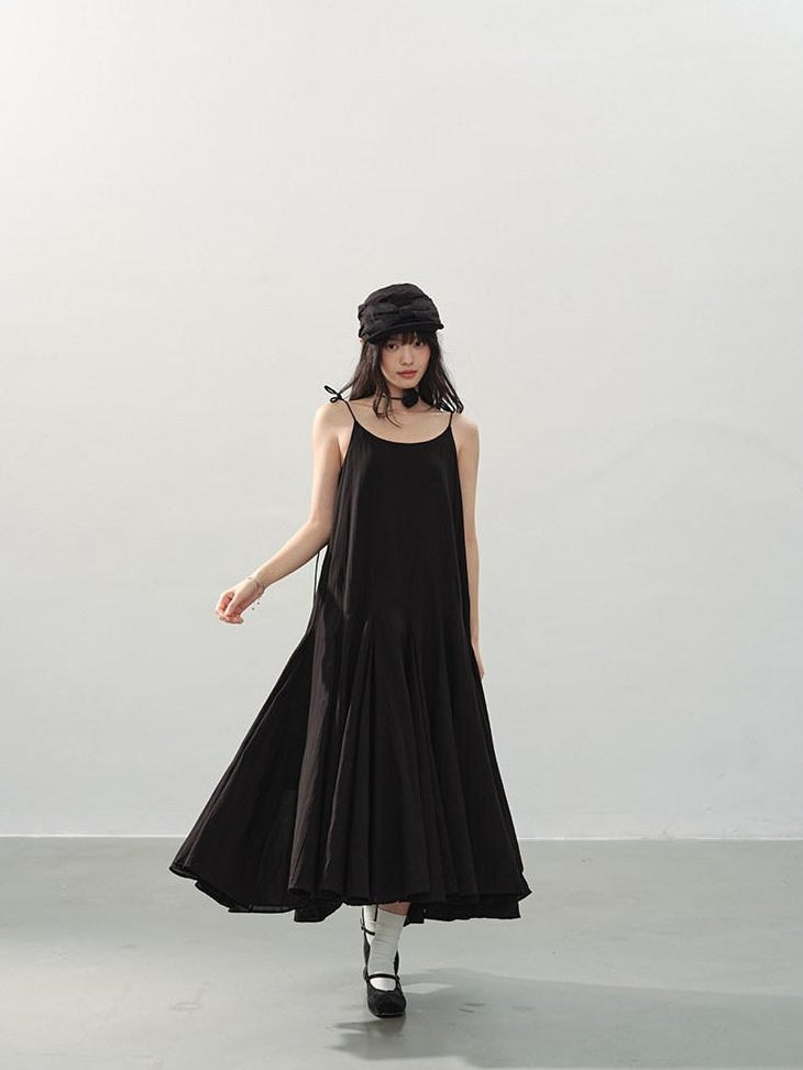DDGIRL studio Soft Washed Cotton Pleated Elegant A Line U Neck Sleeveless Black Midi Dresses